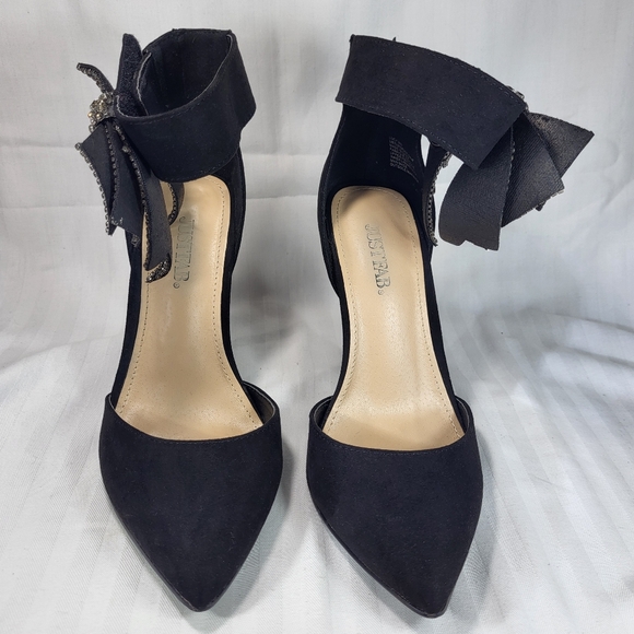 JustFab Lucy Black Pumps Heels SHOES Womens Size 7W Bling Bow Point Toe Just Fab - Picture 2 of 16